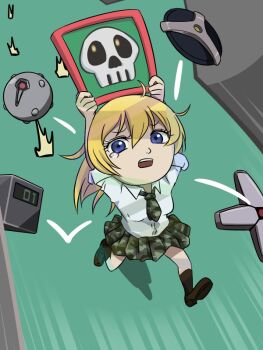 Rule 34 | 1girl, black socks, blonde hair, blue eyes, bomb, btooom!, camouflage, camouflage skirt, chibi, explosive, female focus, himiko (btooom!), kneehighs, loafers, m o (prftz), miniskirt, pleated skirt, shirt, shoes, sign, skirt, skull, sleeves rolled up, socks, solo, teardrop, time bomb, white shirt
