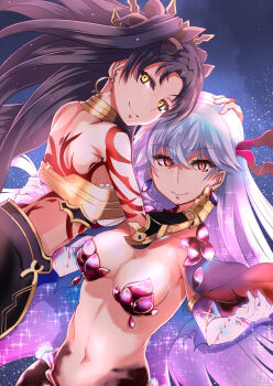 armor bikini_armor body_markings breasts commentary_request fate/grand_order fate_(series) haku_(grimjin) highres ishtar_(fate) kama_(beast_iii/l)_(fate) kama_(fate) large_breasts long_hair medium_breasts multiple_girls navel smile tattoo tiara