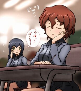Rule 34 | 2girls, akaboshi koume, akaboshi koume's gunner, black hair, black skirt, brown hair, chair, classroom, closed eyes, collared shirt, curly hair, girls und panzer, green eyes, grey shirt, haiiro purin, holding, holding pencil, kuromorimine school uniform, long hair, long sleeves, miniskirt, multiple girls, on chair, pencil, school uniform, shirt, short hair, sitting, skirt, sleeping, translation request
