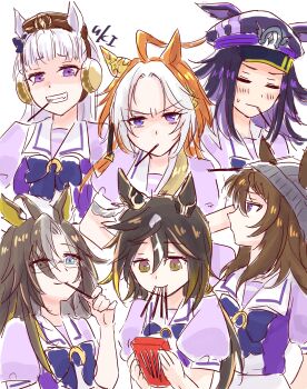 6+girls ahoge animal_ears beanie black_hair blue_eyes blunt_bangs blush bow bowtie breasts brown_eyes brown_hair chocolate closed_eyes closed_mouth dream_journey_(umamusume) ear_bow ear_covers ear_ornament ears_through_headwear fenomeno_(umamusume) flipped_hair food food_in_mouth glasses gold_ship_(umamusume) grey_hair grey_hat hair_between_eyes hat highres holding holding_food holding_pocky horse_ears horse_girl horseshoe_hat_ornament horseshoe_ornament long_hair mouth_hold multicolored_hair multiple_girls nakayama_festa_(umamusume) neru_ika one_eye_closed orange_hair orfevre_(umamusume) peaked_cap pillbox_hat pocky pocky_day pocky_in_mouth ponytail purple_bow purple_bowtie purple_eyes purple_hair purple_shirt sailor_collar sailor_shirt school_uniform shirt simple_background single_ear_cover smile stay_gold_(umamusume) stay_gold_clan_(umamusume) streaked_hair teeth tracen_school_uniform two-tone_hair umamusume upper_body white_background white_hair white_sailor_collar