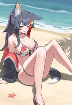 1girl absurdres animal_ears autumn_leaves bare_shoulders beach bikini black_hair black_jacket breasts cleavage commentary_request deaver hair_ornament hairpin highres hololive jacket knees_up large_breasts leaf leaf_print looking_at_viewer ocean off_shoulder official_alternate_costume official_alternate_hairstyle ookami_mio ookami_mio_(hololive_summer_2019) open_clothes open_jacket open_mouth outdoors ponytail red_eyes sand one_ear_down solo swimsuit tail virtual_youtuber white_bikini wolf_ears wolf_girl wolf_tail