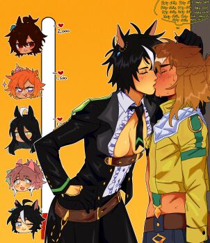 2girls 6+girls absurdres agnes_tachyon_(umamusume) animal_ears black_gloves black_hair black_jacket black_skirt blue_eyes blush braid breasts character_request closed_eyes closed_mouth collared_shirt english_text facing_another fuji_kiseki_(shooting_star_revue)_(umamusume) fuji_kiseki_(umamusume) gloves half_up_braid hand_on_own_hip highres horse_ears horse_girl jacket jungle_pocket_(champion&#039;s_battle_cry)_(umamusume) jungle_pocket_(umamusume) kiss kiss_meter_(meme) leaning_forward manhattan_cafe_(umamusume) meme midriff multiple_girls no_bra one_eye_closed open_clothes open_shirt orange_background orange_hair pink_hair purple_eyes raccrows red_eyes scar scar_on_face scar_on_nose shirt short_hair skirt smile speech_bubble sweat t.m._opera_o_(umamusume) thought_bubble umamusume white_shirt white_streaks yellow_eyes yellow_jacket yuri