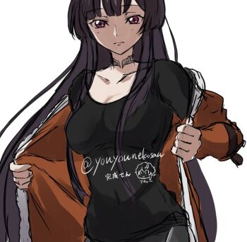 1girl black_hair breasts code_geass code_geass:_dakkan_no_roze collarbone large_breasts long_hair purple_eyes solo sumeragi_sakuya