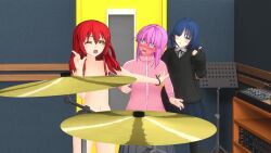 3d 3d_background 3girls :3 @_@ amplifier animated audible_music blue_hair blush bocchi_the_rock! bow breasts breasts_out censored_nipples convenient_censoring cymbals dancing drum drum_set full-face_blush gotoh_hitori highres hoshino_ruby_dance indoors instrument jumping kita_ikuyo long_hair long_sleeves meme mixer mole mole_under_eye multiple_girls music music_stand navel neren nude pink_hair red_hair school_uniform short_hair sound standing studio thumbs_up video yamada_ryo