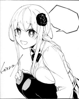 1girl black_socks black_thighhighs blush bow bowtie braid braided_ponytail breasts collared_shirt female_focus gotokuayashi highres large_breasts long_hair long_sleeves looking_at_viewer mashiro_madoka miniskirt monochrome official_art open_mouth pleated_skirt sensei_ore_ni_kamawazu_itte_kudasai!! shirt sitting sketch skirt socks solo solo_focus speech_bubble thighhighs