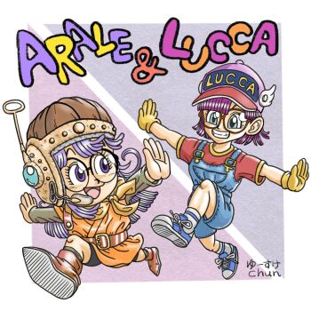 2girls bandana bandana_around_neck blue_overalls blue_shoes boots breasts brown_boots character_name chrono_trigger color_connection commentary_request cosplay costume_switch creator_connection dr._slump glasses grin hair_color_connection hat headset helmet highres lucca_ashtear lucca_ashtear_(cosplay) medium_breasts multiple_girls norimaki_arale norimaki_arale_(cosplay) open_mouth outstretched_arm overalls pink_hat red_shirt round_eyewear running shirt shoes signature smile sneakers t-shirt trait_connection yusuke_chun