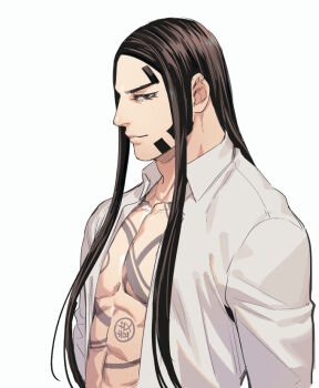 Rule 34 | 1boy, beard, black hair, chest tattoo, closed mouth, collarbone, collared shirt, commentary request, eyelashes, facial hair, foxvulpine, golden kamuy, long hair, looking at viewer, male focus, mature male, muscular, muscular male, oosawa fusatarou, open clothes, open shirt, pectorals, shirt, simple background, solo, tattoo, thick eyebrows, upper body, very long hair, white background, white shirt