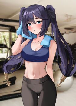 1girl :/ absurdres arm_behind_back ball black_hair black_pants blush breasts cleavage closed_mouth exercise_ball exercise_machine fast_owl genshin_impact green_eyes gym hair_between_eyes highres holding holding_towel indoors long_hair looking_at_viewer medium_breasts midriff mona_(genshin_impact) navel pants sports_bra sportswear stomach thigh_gap towel towel_around_neck treadmill twintails yoga_pants