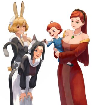 4girls aged_down ahoge animal_ear_fluff animal_ears apron aqwariate bare_shoulders black_dress black_eyes black_hair black_hairband blonde_hair blue_shirt breasts carrying carrying_person cat_ears cat_girl cat_tail child cleavage clenched_teeth closed_mouth dress eris_greyrat fang grabbing_another&#039;s_ear green_eyes hairband hand_on_another&#039;s_ear hands_up highres hilda_boreas_greyrat jewelry large_breasts leaf leaning_forward long_hair long_sleeves looking_at_another maid maid_apron maid_headdress mature_female mother_and_daughter multiple_girls mushoku_tensei necklace off-shoulder_dress off_shoulder one_eye_closed open_mouth pearl_necklace rabbit_ears rabbit_girl rabbit_tail red_dress red_eyes red_hair shirt short_hair simple_background standing tail teeth white_apron white_background