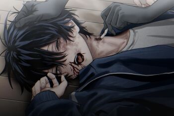1boy absurdres black_hair blood blue_eyes bruise bruise_on_face cigarette cigarette_burn crying grabbing_another&#039;s_hair hair_between_eyes highres holding_another&#039;s_hair imai-kun_(imai_akira) imai_akira injury jacket long_sleeves lying male_focus masochism nosebleed on_back one_eye_closed open_clothes open_mouth original reverse_ryona short_hair solo_focus tears