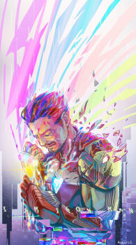 1boy arc_reactor armor artist_name avengers:_endgame avengers_(series) brown_hair clenched_hand closed_eyes closed_mouth commentary crying english_commentary english_text facial_hair full_armor glitch hands_up highres infinity_gems iron_man male_focus marvel marvel multicolored_armor power_armor red_armor reducto short_hair solo standing superhero_costume tears tony_stark yellow_armor