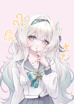1girl ? ?? absurdres aqua_bow aqua_bowtie aqua_hair aqua_nails black_hairband blue_pupils bow bowtie commentary_request cowboy_shot finger_to_own_chin fingernails firefly_(honkai:_star_rail) firefly_(spring_missive)_(honkai:_star_rail) gradient_hair grey_hair grey_sailor_collar grey_skirt hairband hand_up highres honkai:_star_rail honkai_(series) long_fingernails long_hair long_sleeves looking_at_viewer multicolored_hair nail_polish official_alternate_costume parted_lips pink_background plaid_bow plaid_bowtie plaid_clothes pleated_skirt purple_eyes rika_mayuzumi sailor_collar school_uniform serafuku shirt simple_background skirt solo squiggle white_shirt