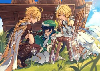 1girl 2boys :d aether_(genshin_impact) ahoge alcohol artist_name barrel beret black_bow black_bowtie black_gloves black_hair blonde_hair blue_hair blue_sky blurry blurry_foreground boots bottle bow bowtie braid braided_ponytail brown_boots brown_gloves brown_pants brown_shirt cape capelet chair cheek_poking closed_eyes cloud commentary crop_top dandelion dandelion_clock dandelion_seed day dress drunk english_commentary flower frilled_sleeves frills genshin_impact gloves gradient_hair grass green_cape green_capelet green_hat green_shorts hair_between_eyes hair_flower hair_ornament hand_up hat instagram_logo kneeling laughing long_hair long_sleeves looking_at_another lumine_(genshin_impact) medium_hair multicolored_hair multiple_boys open_mouth outdoors pants pantyhose poking puffy_shorts shirt short_hair_with_long_locks short_shorts short_sleeves shorts side_braids sidelocks single_braid sky sleeveless sleeveless_dress smile soulc1ty squatting teeth thigh_boots twin_braids twitter_logo upper_teeth_only vambraces venti_(genshin_impact) wagon white_boots white_cape white_dress white_flower white_pantyhose white_shirt wooden_chair yellow_eyes