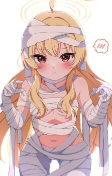 Rule 34 | 1girl, arm wrap, bandage over one eye, bandaged arm, bandaged hand, bandaged head, bandaged leg, bandages, bandaid, bandaid on face, blonde hair, blue archive, blush, breasts, brown eyes, budget sarashi, cast, closed mouth, commentary request, highres, long hair, looking at viewer, mummy, naked bandage, navel, sarashi, sen chan (akane1023), solo, spoken blush, wrist wrap, yoshimi (blue archive), yoshimi (halloween) (blue archive)