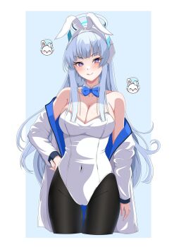 1girl animal_ears black_pantyhose blue_archive blush breasts cleavage halo hazaky headgear highres jacket large_breasts licking_lips long_hair mechanical_halo noa_(blue_archive) open_clothes open_jacket pantyhose playboy_bunny purple_eyes rabbit_ears solo tongue tongue_out very_long_hair white_hair white_halo white_jacket