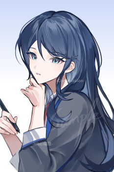 1girl absurdres black_hair blue_background blue_eyes commentary commission contrast_lapels from_side gradient_background grey_jacket hair_between_eyes hand_on_own_chin hands_up highres holding holding_pen hoshino_ichika_(project_sekai) jacket lapels long_hair looking_at_viewer mihuashi_username parted_lips pen project_sekai sample_watermark sidelocks simple_background solo swept_bangs three-quarter_sleeves tsurime turning_head upper_body watermark zhao_yifei