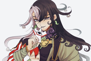 Rule 34 | 1boy, ashiya douman (fate), asymmetrical clothes, bell, biting, black eyes, black hair, earrings, fate/grand order, fate (series), grey hair, hair bell, hair between eyes, hair ornament, holding, jewelry, long hair, magatama, magatama earrings, male focus, multicolored hair, mutsuki (mutuki05), shikigami, solo, split-color hair, two-tone hair, upper body