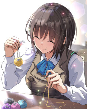 Rule 34 | 1girl, ^ ^, absurdres, aoi erika, black hair, blue bow, blue bowtie, bow, bowtie, breasts, brown vest, buttons, chair, charm (object), closed eyes, closed mouth, collared shirt, commentary, double-breasted, dual wielding, eyes visible through hair, glint, hair between eyes, hands up, happy, heaven burns red, highres, holding, holding charm, holding needle, kepekki kanojo, large breasts, light particles, long sleeves, medium hair, needle, on chair, sewing needle, shirt, sidelighting, sitting, smile, solo, split mouth, straight hair, upper body, vest, white shirt