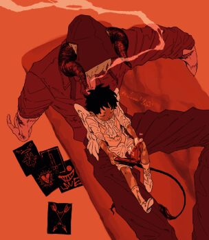 2boys angel_wings black_hair black_tail blonde_hair commentary_request couch demon_horns donquixote_rocinante from_above heart highres horns jurokutya male_focus multiple_boys multiple_scars on_couch one_piece reading red_theme scar simple_background smoking trafalgar_law vitiligo wings