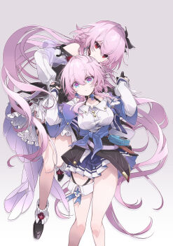 2girls black_choker black_overskirt black_shoes blue_eyes blue_skirt bn790ta breasts camera choker commentary_request evernight_(honkai:_star_rail) floral_print flower frills hair_between_eyes hair_flower hair_ornament highres holding_hands honkai:_star_rail honkai_(series) jacket long_hair long_sleeves march_7th_(honkai:_star_rail) march_7th_(preservation)_(honkai:_star_rail) medium_hair multicolored_eyes multicolored_jacket multiple_girls off-shoulder_jacket off_shoulder official_alternate_eye_color pink_eyes pink_hair red_eyes red_flower shirt shoes single_bare_shoulder skirt thigh_strap thighs two-tone_eyes two-tone_jacket very_long_hair white_shirt