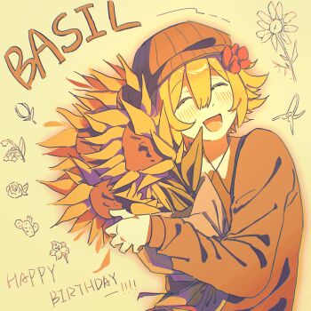 Rule 34 | !, !!, 1boy, :d, ^ ^, basil (birthday) (omori), basil (faraway) (omori), basil (omori), blonde hair, blush, bouquet, brown cardigan, brown hat, cactus, cardigan, center-flap bangs, character name, chinese commentary, closed eyes, collared shirt, commentary, commentary request, dated commentary, double-parted bangs, english commentary, english text, facing ahead, facing up, flipped hair, floral background, flower, gardening shears, gladiolus, hair between eyes, hair flower, hair ornament, hand up, happy birthday, hat, highres, holding, holding bouquet, leaf, lily of the valley, lower teeth only, male focus, mixed-language commentary, newsboy cap, official alternate costume, omori, onooo34145, open cardigan, open clothes, open mouth, outline, pink outline, red flower, rose, shears, shirt, short hair, sidelighting, sidelocks, simple background, smile, solo, sunflower, teeth, tongue, tulip, upper body, white shirt, yellow background