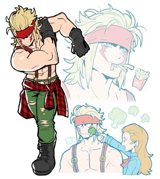 Rule 34 | 1boy, 1girl, absurdres, alex (street fighter), ascot, averting eyes, bare arms, bare pectorals, belt, biceps, black gloves, blonde hair, blue eyes, boots, broccoli, character request, clothes around waist, combat boots, facial mark, fingerless gloves, food, fork, french fries, gloves, green pants, headband, highres, holding, holding fork, male focus, mcdonald's, multiple views, muscular, muscular male, orange hair, pants, patricia (street fighter), pectorals, red headband, sach56000, shirt, shirt around waist, simple background, street fighter, street fighter iii (series), street fighter v, suspenders, torn clothes, torn pants, white background