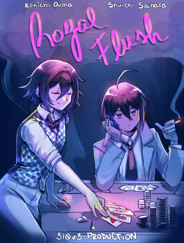 Rule 34 | 2boys, ahoge, alternate costume, black hair, bow, bowtie, buttons, card, casino, casino card table, cele (310v3), character name, checkered clothes, checkered vest, cigarette, closed eyes, collared shirt, commentary, danganronpa (series), danganronpa v3: killing harmony, english text, flipped hair, gambling, hair between eyes, highres, holding, holding cigarette, jacket, long sleeves, male focus, multiple boys, necktie, oma kokichi, open mouth, pants, playing card, poker, poker chip, poker table, purple hair, red bow, red bowtie, red necktie, saihara shuichi, shirt, short hair, sitting, smile, smoke, smoke trail, smoking, table, vest, yellow eyes