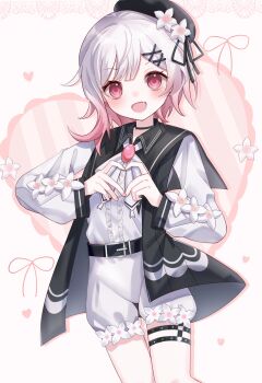 1girl absurdres belt beret black_belt black_choker black_hat black_jacket black_ribbon choker feet_out_of_frame flower gradient_hair hair_flower hair_ornament hat heart heart_hands highres jacket long_sleeves looking_at_viewer mahou_shoujo_no_majo_saiban multicolored_hair neck_ribbon o-ring o-ring_thigh_strap open_mouth pink_eyes pink_hair ribbon sakuraba_ema shirt short_hair shorts smile solo standing thigh_strap white_flower white_hair white_ribbon white_shirt white_shorts x_(xiootr) x_hair_ornament