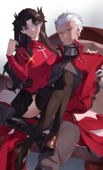 1boy 1girl absurdres archer_(fate) archer_(honkai:_star_rail)_(fate) black_boots black_bow black_gloves black_hair black_skirt black_thighhighs blue_eyes blurry blurry_background blush bodysuit boots bow breasts brown_shoes carrying chain chair closed_eyes coat dark-skinned_male dark_skin fate/stay_night fate/unlimited_blade_works fate_(series) flower_knot gloves grey_bodysuit hair_bow hand_around_waist hand_up highres holding holding_chain honkai:_star_rail honkai_(series) long_hair long_sleeves looking_at_viewer medium_breasts on_chair open_clothes open_coat parted_bangs pleated_skirt princess_carry puffy_long_sleeves puffy_sleeves red_coat red_eyes red_sweater shoes short_hair simple_background sitting skirt smile sparkle spread_legs sweater tassel teeth thighhighs tohsaka_rin turtleneck turtleneck_sweater twintails white_background white_hair yukomayoi