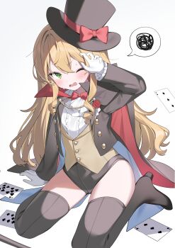 absurdres arm_up black_boots black_cloak black_hat black_jacket black_leotard black_thighhighs blonde_hair blush boots bow bowtie brown_vest cane card cloak commentary_request commission gloves green_eyes hat high_heel_boots high_heels highres inuyayo jacket leotard leotard_under_clothes long_hair multicolored_cloak one_eye_closed original phantom_thief phantom_thief_(kkmomo67) playing_card red_bow red_bowtie red_cloak shirt sitting skeb_commission thigh_boots thighhighs thighs top_hat two-sided_cloak two-sided_fabric two-tone_cloak vest white_gloves white_shirt