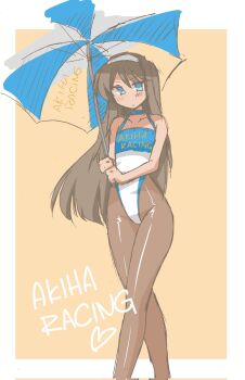 2025 black_hair blue_eyes blush breasts brown_pantyhose clothes_writing embarrassed english_text flat_chest hairband highleg highleg_leotard highres holding holding_umbrella leotard long_hair looking_at_viewer narrow_waist pantyhose pantyhose_under_swimsuit r2 race_queen slender small_breasts swimsuit thighs tohno_akiha tsukihime umbrella white_hairband