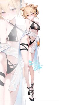 1girl absurdres ahoge animal_ears bikini black_bikini black_shoes blonde_hair breasts cellphone cleavage commentary_request cowboy_shot full_body highleg highleg_bikini highres ikasamahideo medium_breasts open-toe_shoes original phone ponytail red_eyes shirt shoes solo swimsuit white_shirt zoom_layer