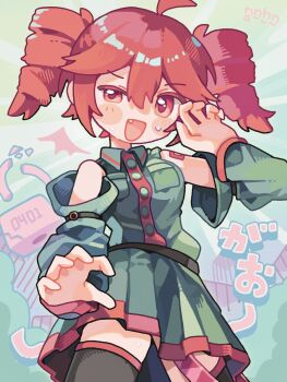 1girl :d ahoge bare_shoulders black_thighhighs blush_stickers buttons claw_pose collared_shirt commentary cowboy_shot detached_sleeves double-parted_bangs drill_hair fang gao green_shirt green_skirt green_sleeves hair_between_eyes hand_up highres kasane_teto kasane_teto_(utau) long_sleeves looking_at_viewer open_mouth pleated_skirt red_eyes red_hair shirt short_hair skirt sleeveless sleeveless_shirt smile solo sweatdrop tabunnanhun thighhighs twin_drills utau