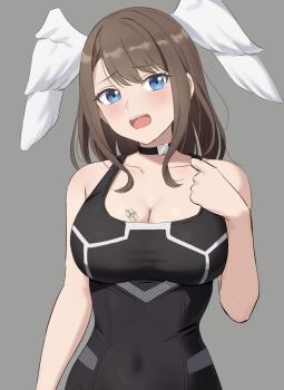 1girl amayo_thranana black_bodysuit black_choker blue_eyes bodysuit breast_tattoo breasts brown_hair choker cleavage collarbone commentary_request covered_navel eunie_(xenoblade) grey_background head_wings highres long_hair open_mouth simple_background solo tattoo teeth upper_teeth_only white_wings wings xenoblade_chronicles_(series) xenoblade_chronicles_3