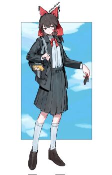 Rule 34 | 1girl, alternate costume, bag, bag charm, black bag, black jacket, black shoes, black skirt, bow, bowtie, brown eyes, brown hair, charm (object), commentary request, corrupted twitter file, frilled bow, frills, full body, hair bow, hakurei reimu, highres, holding, holding key, jacket, key, kirisame marisa, knees, long hair, long sleeves, open clothes, open jacket, pleated skirt, red bow, red bowtie, school bag, school uniform, shirt, shoes, skirt, socks, solo, takoyaki5221, touhou, twitter username, white shirt, white socks, yukkuri shiteitte ne