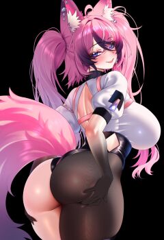 1girl animal_ear_fluff animal_ears ass black_background black_hair breasts capycapy crossed_bangs earrings fox_ears fox_girl fox_tail hair_between_eyes hands_on_own_ass highres indie_virtual_youtuber jewelry large_breasts long_hair median_furrow pink_hair purple_eyes sachi_mizora_(vtuber) single_leg_pantyhose smile solo tail virtual_youtuber