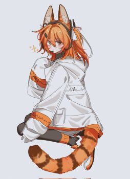 Rule 34 | 1girl, a.i. voice, adachi rei, animal ears, black pantyhose, blush, cat ears, cat girl, cat tail, closed mouth, commentary request, corrupted twitter file, from side, full body, grey background, hand up, headset, highres, hood, hood down, hooded jacket, jacket, kemonomimi mode, long hair, looking at viewer, looking to the side, one side up, orange hair, pantyhose, pealerprpr, radio antenna, ribbon, simple background, single sleeve past fingers, solo, striped tail, tail, utau, white jacket, white ribbon