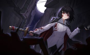 1girl absurdres black_gloves black_hair black_jacket blood blood_on_clothes blood_on_face blood_on_hands bob_cut cigarette collared_shirt commentary_request dutch_angle full_moon glint gloves highres holding holding_cigarette holding_sword holding_weapon jacket jacket_on_shoulders lead_pipe limbus_company long_sleeves looking_at_viewer moon night open_mouth outdoors pants project_moon red_eyes reflector178 ryoshu_(project_moon) sheath sheathed shirt short_hair single_glove smile smoke solo sword translation_request weapon white_shirt