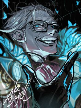 Rule 34 | 1boy, afuro26, black background, black gloves, blue eyes, commentary request, evil grin, evil smile, facial hair, fate/grand order, fate (series), glasses, gloves, grey hair, grin, james moriarty (archer) (fate), male focus, mustache, signature, silk, smile, spider web