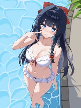 1girl absurdres bikini black_hair blue_eyes blunt_bangs blush bow braid breasts cleavage closed_mouth commentary_request finger_to_cheek from_above full_body hair_bow highres korean_commentary leaf long_hair looking_at_viewer navel pool poop_frog shirayuki_hina smile solo standing stellive swimsuit virtual_youtuber wading water white_bikini