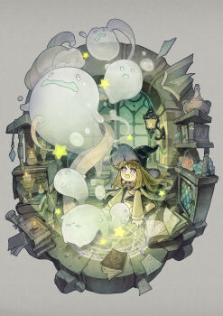 1girl absurdres ahoge arch black_dress black_hat book book_stack bookshelf brown_hair bubble candle candlestand chinese_commentary circle0121 commentary_request commission diorama dress frilled_dress frills gem ghost grey_background hat hat_tassel highres kneeling long_hair long_sleeves looking_up magic magic_circle open_book original parchment pixiv_commission potion purple_eyes scroll shirt shoes simple_background solo star_(symbol) stone_floor stone_wall straight_hair summoning wall_lamp wide-eyed wide_mouth window witch witch_hat yellow_shirt