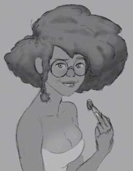 Rule 34 | afro, black hair, breasts, cleavage, daniela, dark skin, glasses, greyscale, moitasart, monochrome, original, sketch, smile, tan