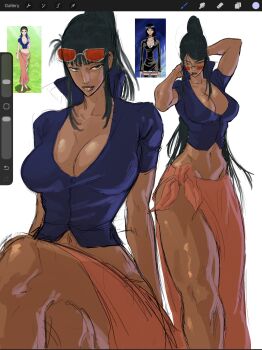 1girl absurdres art_program_in_frame breasts curvy dark-skinned_female dark_skin highres kin_machina large_breasts long_hair nico_robin one_piece photo-referenced ponytail reference_sheet shirt sketch striped_clothes striped_shirt sunglasses thick_thighs thighs toned toned_female