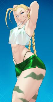 1girl abs ahoge armpits arms_behind_head artist_name bikini bikini_under_clothes blonde_hair blue_background blue_eyes bodypaint braid breasts cammy_white camouflage crop_top facial_scar gabriel_carrasquillo green_bikini green_shorts highres huge_ahoge long_hair looking_at_viewer medium_breasts midriff navel scar scar_on_cheek scar_on_face see-through_clothes see-through_shirt shirt short_shorts shorts skindentation solo stomach street_fighter swimsuit tank_top thick_thighs thighs thong toned toned_female twin_braids whale_tail_(clothing) white_tank_top