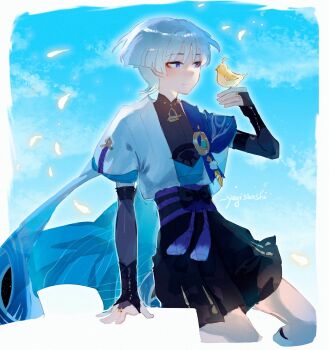 1boy alternate_hair_color artist_name beak belt bird bird_on_hand bird_wings black_bow black_shirt black_shorts blue_cape blue_gemstone blue_sky blunt_ends border bow bridal_gauntlets cape closed_mouth cloud cloudy_sky commentary day english_commentary eyeshadow feathered_wings feathers floating_cape gem genshin_impact gold_ring hair_between_eyes han&#039;eri hand_up highres leaf looking_at_animal makeup male_focus mandarin_collar no_headwear open_clothes open_vest outdoors outside_border pom_pom_(clothes) purple_belt purple_eyes red_eyeshadow scaramouche_(genshin_impact) shirt short_hair short_sleeves shorts sitting sky sleeveless sleeveless_shirt smile solo tassel vest vision_(genshin_impact) wanderer_(genshin_impact) white_border white_hair white_vest wings yaginori