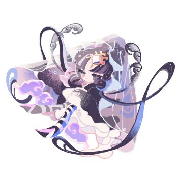 Rule 34 | 1girl, back bow, black bow, black dress, black hair, black veil, blue hair, bow, chinese clothes, closed mouth, cloud, colored skin, cookie run, cookie run: kingdom, dress, eyelashes, eyeshadow, flying, forehead jewel, full body, gem, hair bun, half-closed eyes, highres, long sleeves, looking to the side, makeup, multicolored hair, mystic flour cookie, mystic flour cookie (morning dew of apathy), parted bangs, pink eyeshadow, pink skin, purple eyes, purple gem, purple hair, reed (makuri reed), see-through clothes, see-through veil, short hair, sidelocks, simple background, solo, streaked hair, veil, waves, white background, wide sleeves