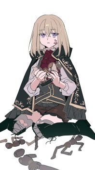 1girl absurdres ascot aver_(yumenokessho) bang_dream! bang_dream!_it&#039;s_mygo!!!!! black_boots black_cape boots cape commentary doll doloris_(bang_dream!) facial_mark grey_vest highres lu_bian_de_yecao_zai_changge misumi_uika open_mouth purple_eyes red_ascot red_shorts shirt shorts simple_background sitting solo symbol-only_commentary thigh_boots vest wariza white_background white_shirt yumenokessho