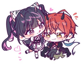 Rule 34 | 2boys, animal ears, asymmetrical legwear, black hair, black horns, blue hair, blunt bangs, blush, chibi, cho kaguya-hime!, commentary request, detached sleeves, frilled kimono, frills, fur trim, gradient horns, hair between eyes, heart, horns, japanese clothes, kimono, male focus, multicolored hair, multicolored horns, multiple boys, pink eyes, pink hair, pink horns, pink kimono, pink streaks, ponytail, ppe2sp28v0, red hair, streaked hair, sweat, sweatdrop, tail, tiger ears, tongue, tongue out, twintails, two-tone hair, white background, yellow eyes