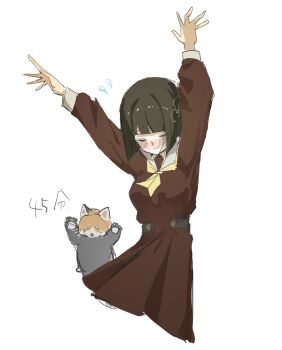 1girl animal arms_up black_hair blunt_bangs blunt_ends bob_cut brown_dress commentary completion_time dress flower_knot flying_sweatdrops hasu_no_sora_school_uniform highres love_live!_hasu_no_sora_jogakuin_school_idol_club long_sleeves love_live! medium_dress momose_ginko neckerchief pleated_dress red_panda red_panda_pose sailor_collar sailor_dress school_uniform short_hair simple_background solo translated virtual_youtuber white_background white_sailor_collar winter_uniform yellow_neckerchief zen66574227
