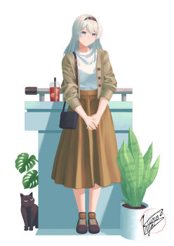 1girl 1other absurdres bag blue_eyes blush brown_hairband brown_skirt brown_sweater cardigan closed_mouth commentary english_commentary firefly_(honkai:_star_rail) gradient_hair green_pupils grey_hair hair_between_eyes hair_intakes hairband handbag highres honkai:_star_rail honkai_(series) kurosyai_7 long_hair long_skirt multicolored_hair open_cardigan open_clothes own_hands_together plant potted_plant shirt simple_background skirt smile sweater white_background white_shirt